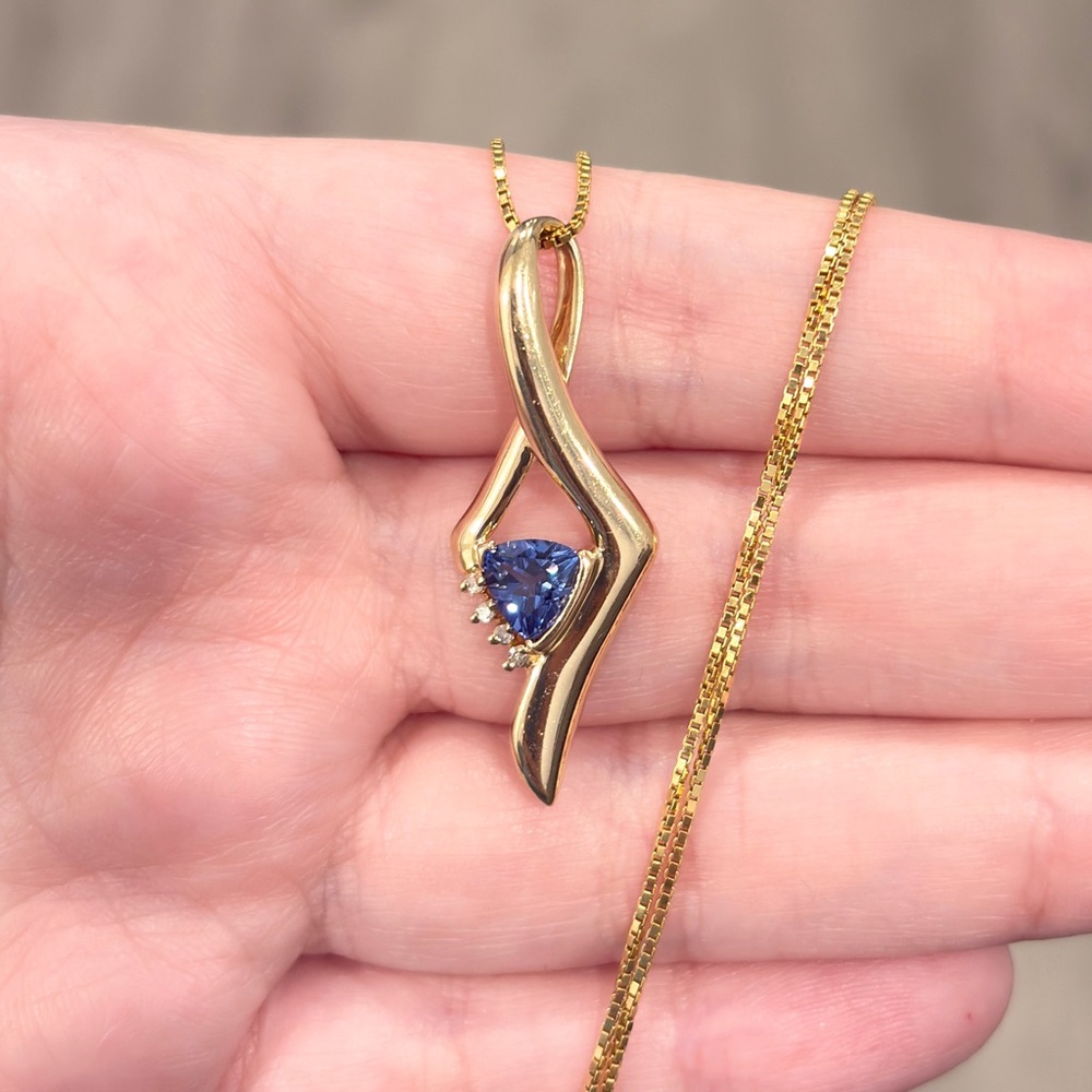10K Sapphire Diamond Pendant, Yellow Gold, Deep Blue Trillion, Filigree Luxury - Picture 3 of 15